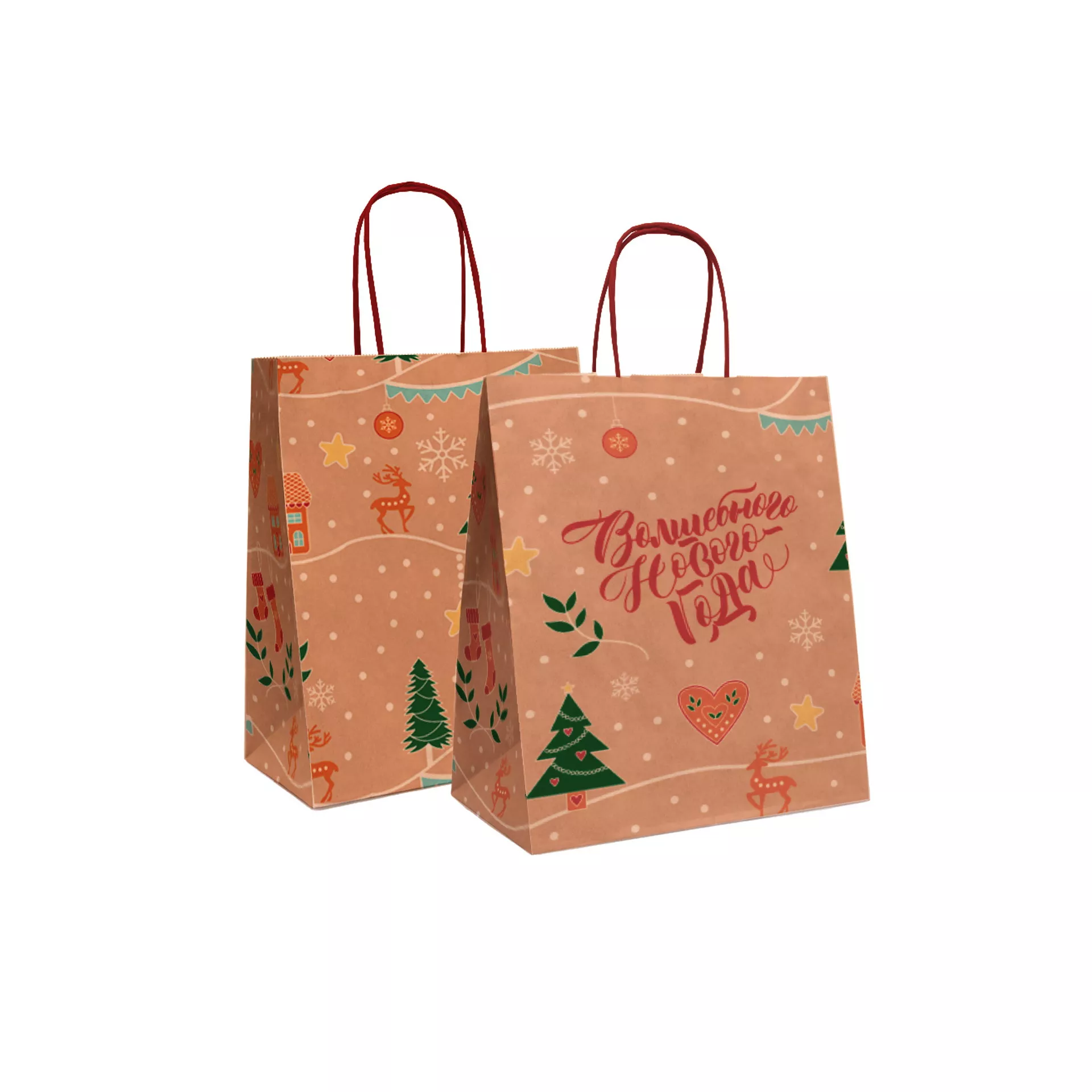 Пакет крафт с крученными красными ручками 220*120*250 мм "Волшебного нового года"