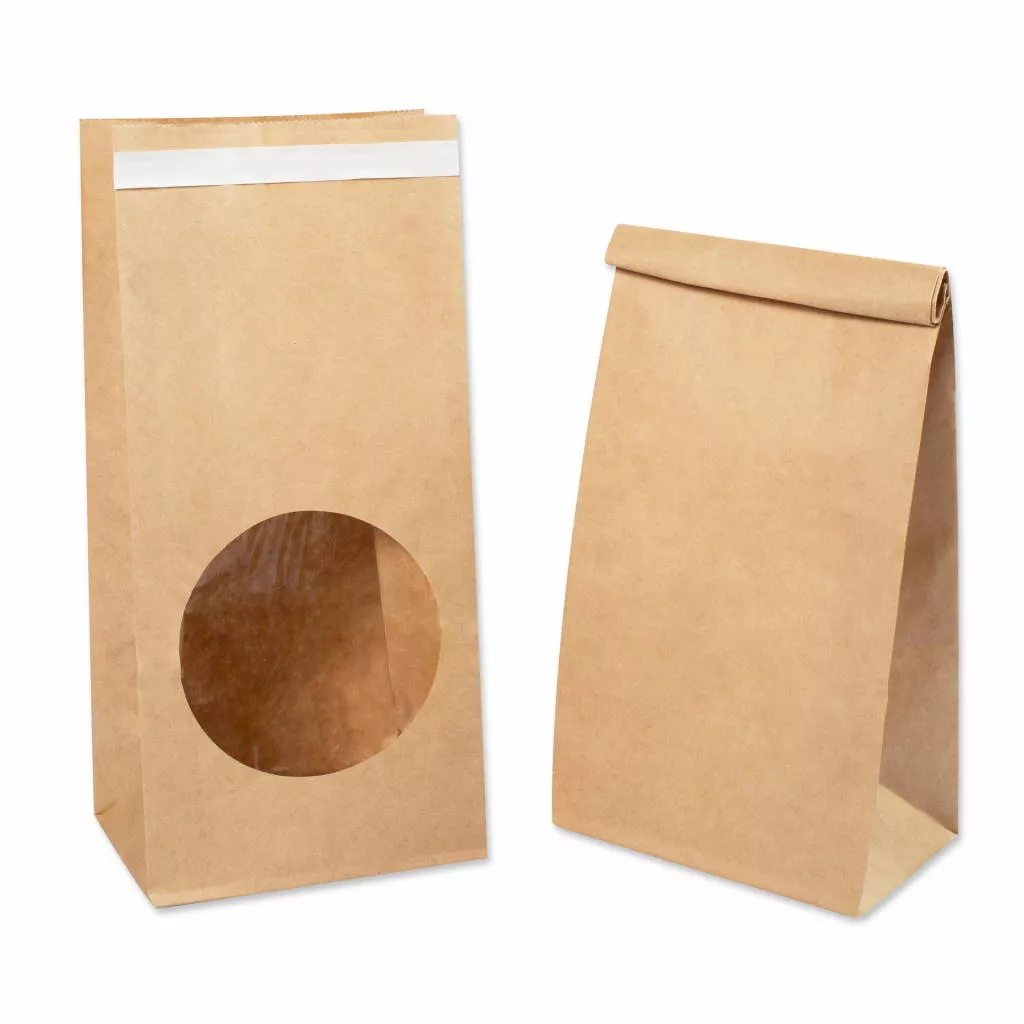 Крафт пакет заклеивающийся ламинированный с окном с прямоугольным дном 120*80*250 мм крафт